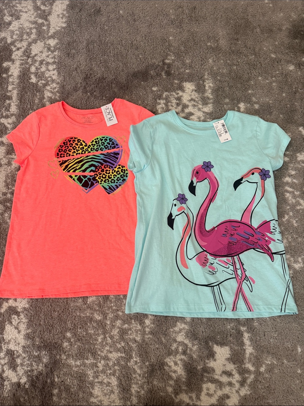 Children’s Place Girls Graphic Tees - Neon Coral Heart & Mint Flamingo